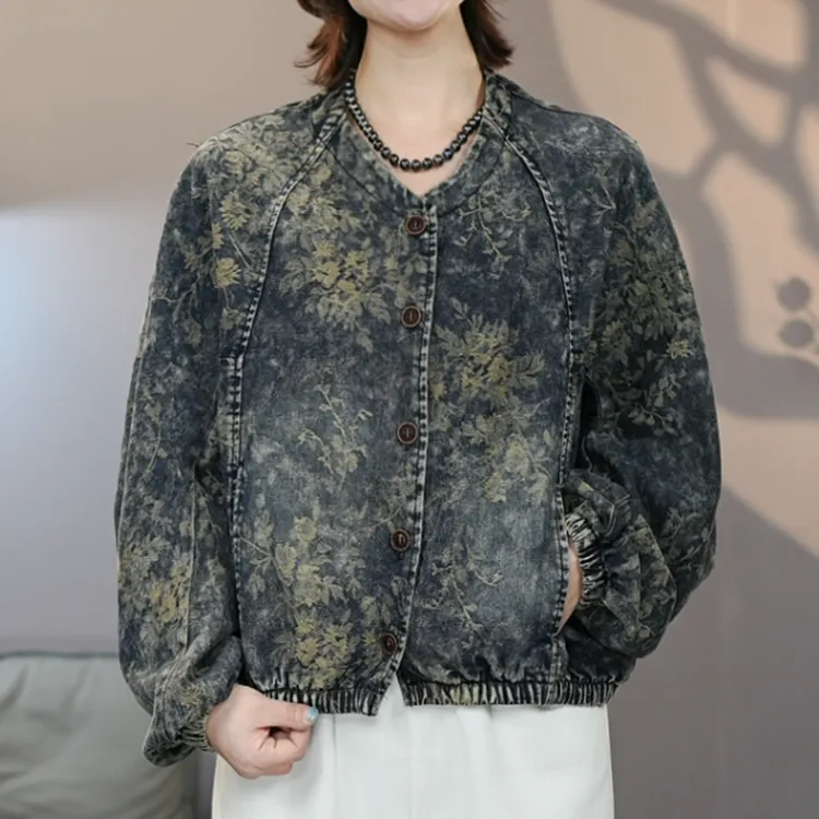 8918蓝2025秋季新款水洗印花牛仔外套复古做旧百搭提花上衣夹克