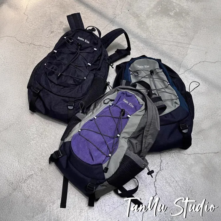 探屿新款小众设计韩国抽绳复古运动休闲拼色百搭双肩包背包书包