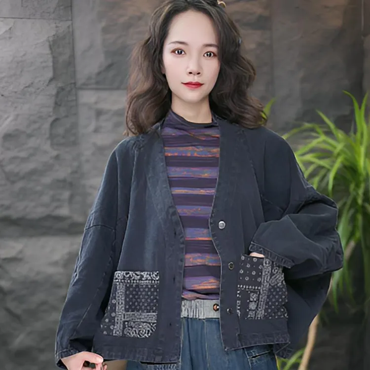 JJ遮肉宽松纯色女秋季常规短外套复古中式百搭时尚文艺牛仔休闲