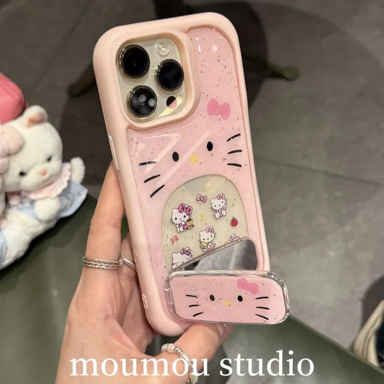 粉底闪粉镂空kt猫适用苹果16手机壳iphone15可爱14promax少女心13