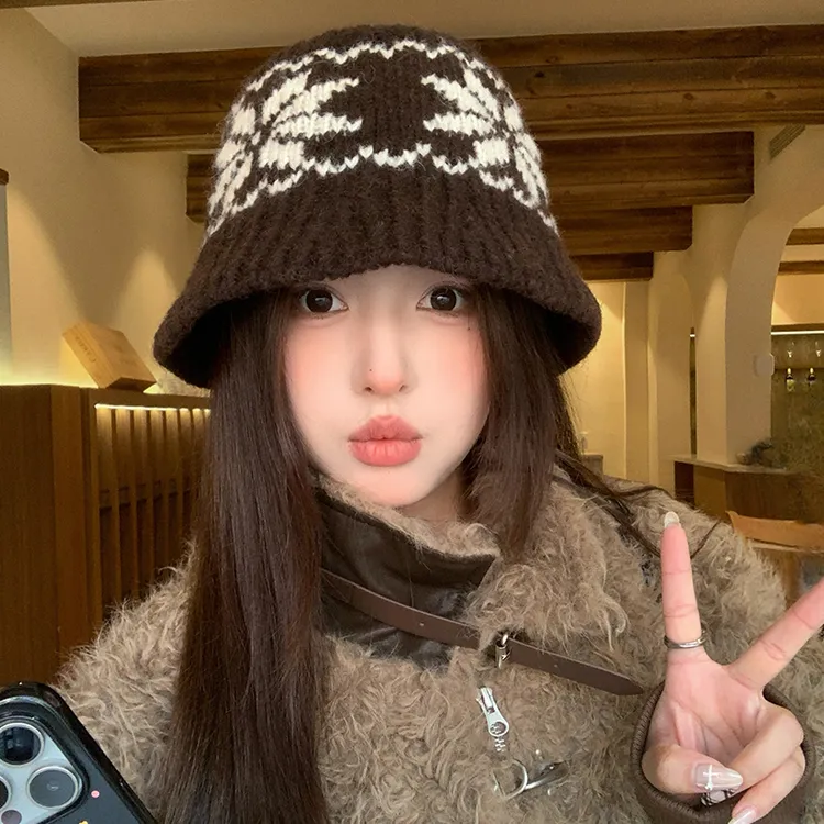 费尔岛风针织毛线帽子女款2025冬季新款加厚保暖防风大头围渔夫帽