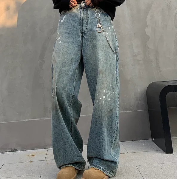 美式复古水洗做旧泼墨喷马骝工艺直筒宽松牛仔裤日系街头休闲长裤