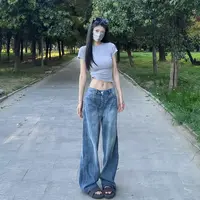180高个子175加长高街复古阔腿牛仔裤女小众设计宽松直筒弯镰刀裤