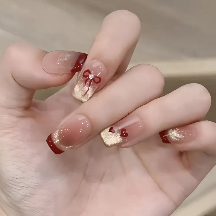 【一见倾心】秋冬爆款酒红蝴蝶结法式猫眼美甲显白秋冬手工穿戴甲片