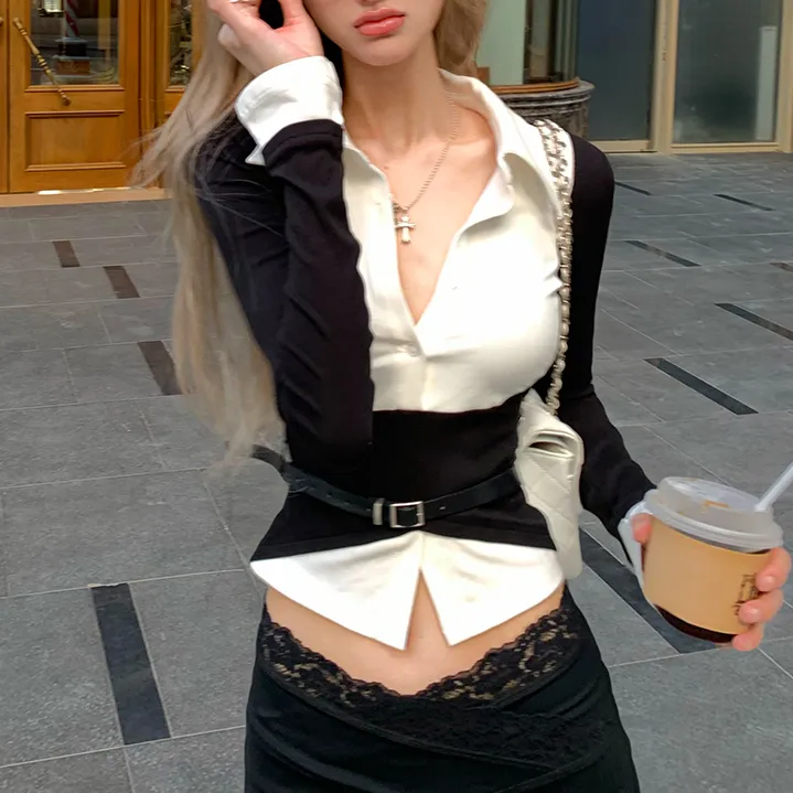 pinkmoon||假两件修身设计感polo收腰衬衫女长袖辣妹衬衣上衣