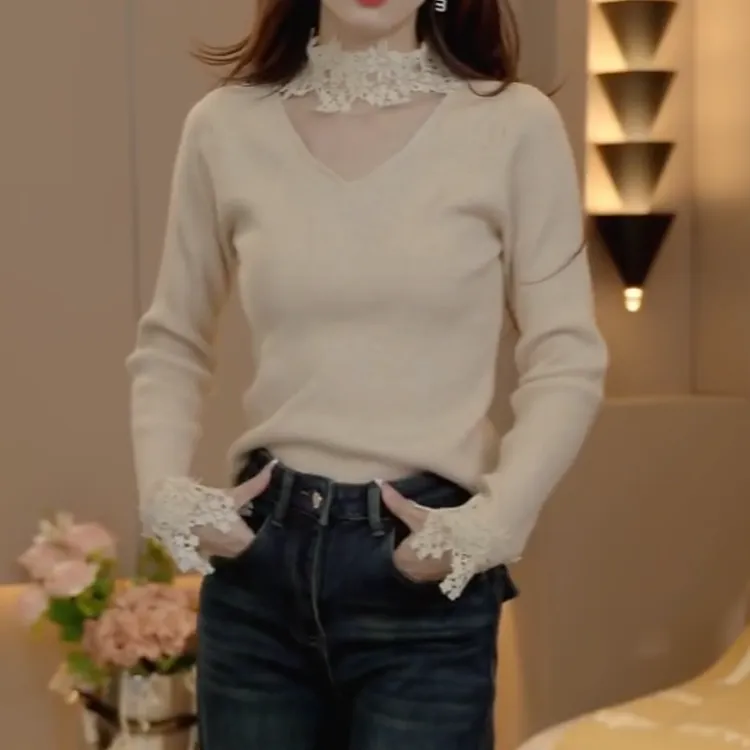 秋冬新款韩系百搭时尚镂空蕾丝拼接修身打底衫针织衫LK2508442