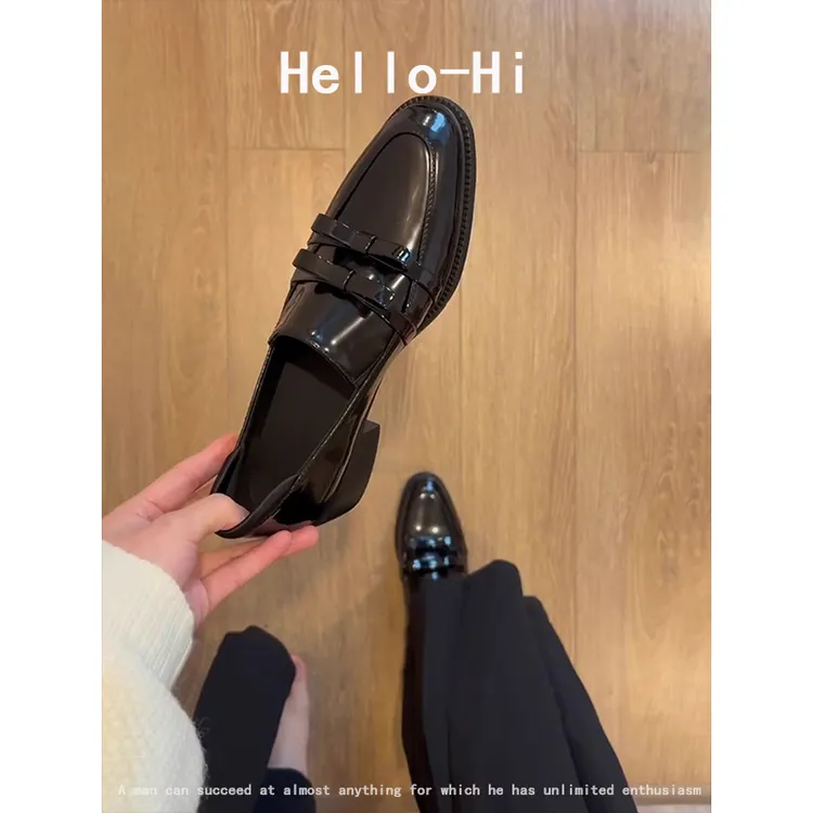 羊皮版~英伦风粗跟乐福鞋蝴蝶结黑色小皮鞋女一脚蹬通勤复古单鞋
