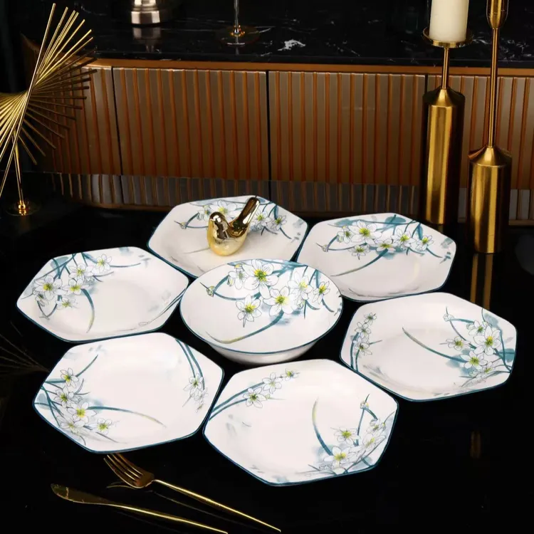 【主播宠粉】7件套！釉下彩水仙花六角拼盘拍下送8英寸汤碗