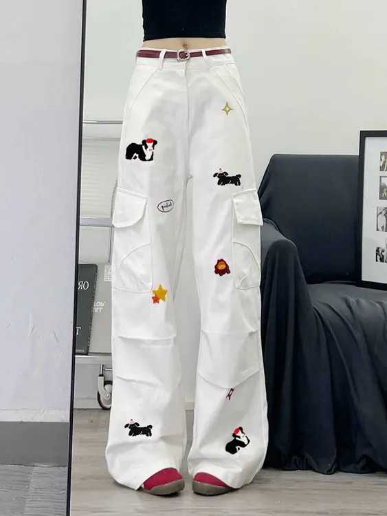美式复古趣味小狗刺绣工装裤女夏季设计感多口袋阔腿裤白色休闲裤