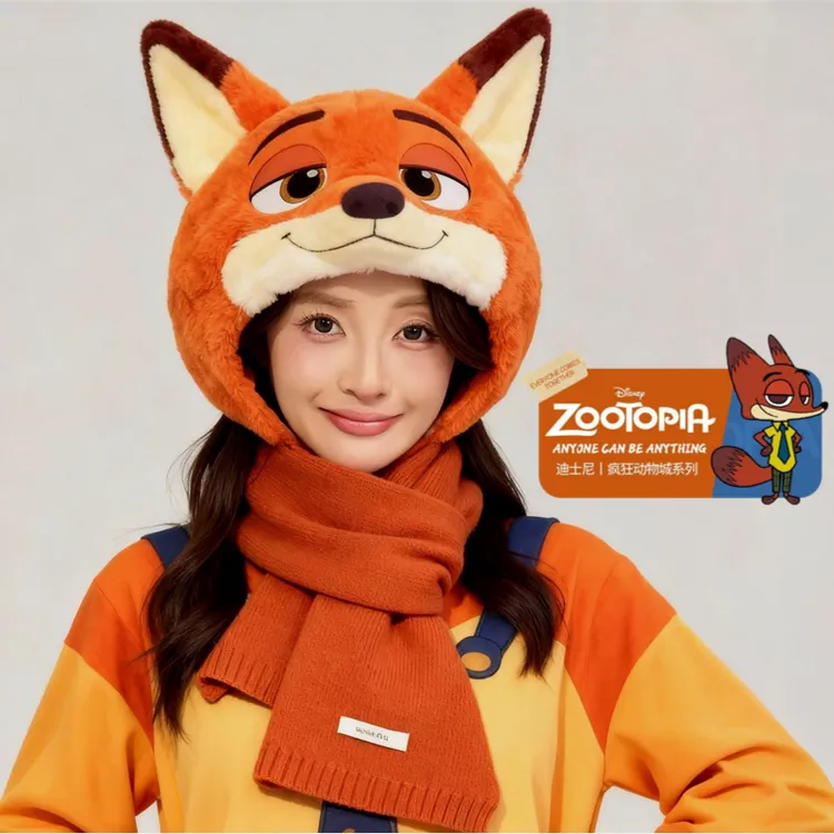 冬季保暖羊毛围巾女疯狂动物城卡通保暖毛绒帽三合一围巾手套帽子