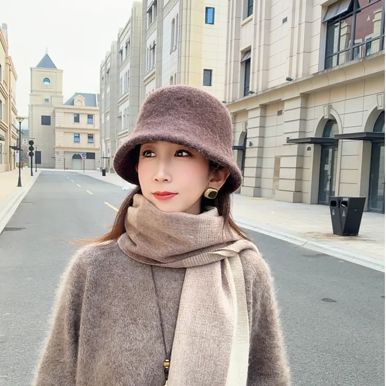 冬季加厚羊毛羊驼毛女盆帽渔夫帽帽子极简帽子女2025新款爆款洋气