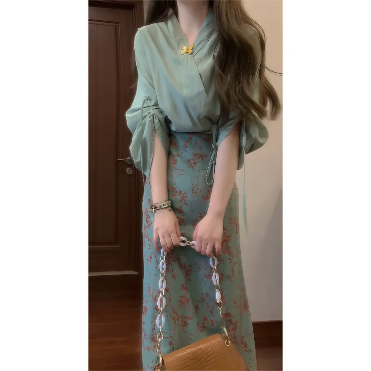 新中式复古交叠上衣+半身长裙小众宋制改良汉服女两件套装裙9092