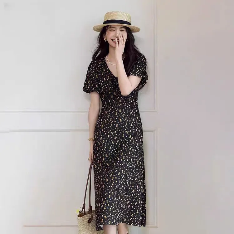 伊家同款25夏新品法式优雅收腰显瘦V领雪纺碎花连衣裙女1G4993151