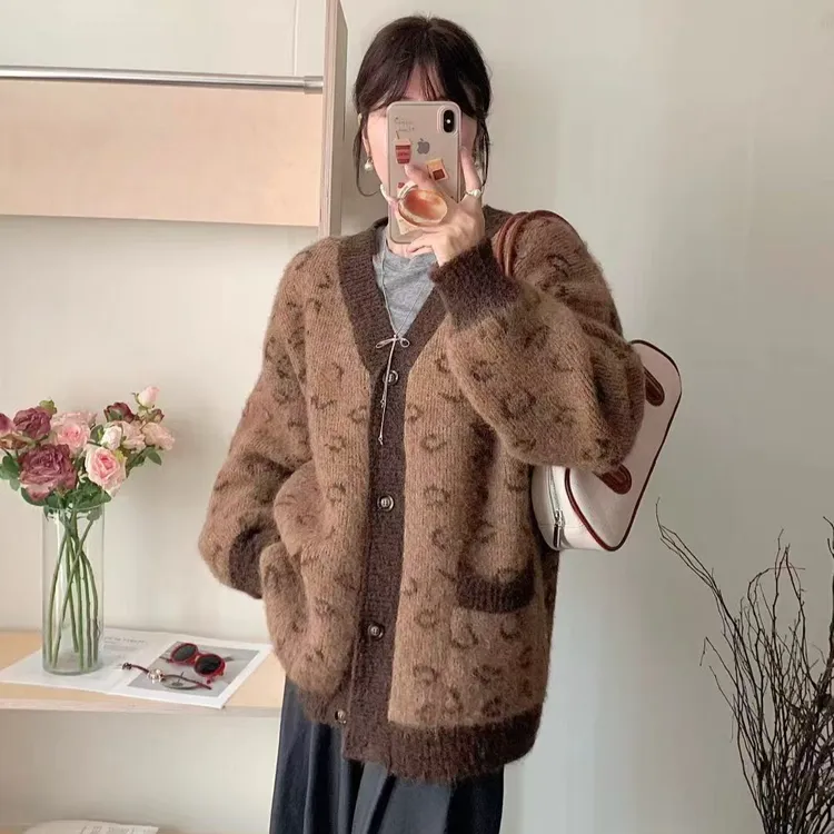 韩系毛针织衫针织毛衣豹纹老钱风中长款宽松休闲长袖时尚开衫女