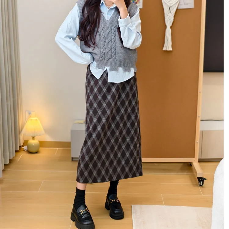 西米家【格调时光】小个子时尚复古格子半身裙女秋冬高腰a字长裙子