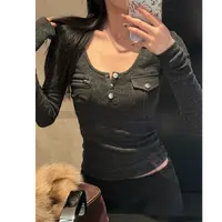 复古拼接纯色上衣女秋百搭口袋精致修身长袖显瘦#Y8561