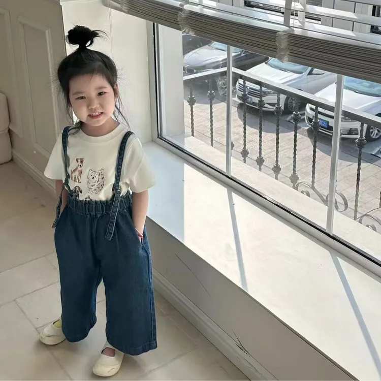 小惜亦2025春季新款韩版女童可爱卡通白T恤搭深蓝牛仔背带裤套装