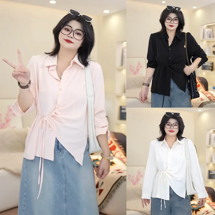 梦丞【素色心情】大码女装舒适柔软宽松显瘦百搭纯色系带长袖衬衫