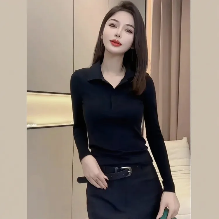 黑色POLO领长袖正肩打底衫内搭女秋季别致漂亮小衫设计感修身上衣
