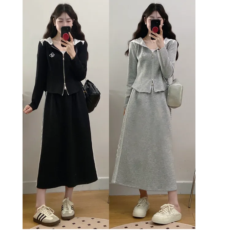 大码女装时尚套装设计感刺绣蕾丝拼接上衣+半身裙两件套1871