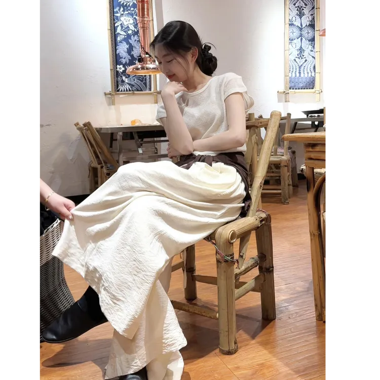 2025春夏新款圆领短袖柔软舒适纯色简约上衣搭高腰阔腿长裤套装女