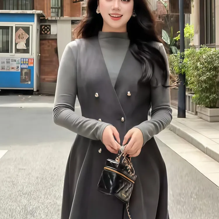 大码胖MM法式通勤V领双排扣背心裙套装女冬季气质复古收腰两件套