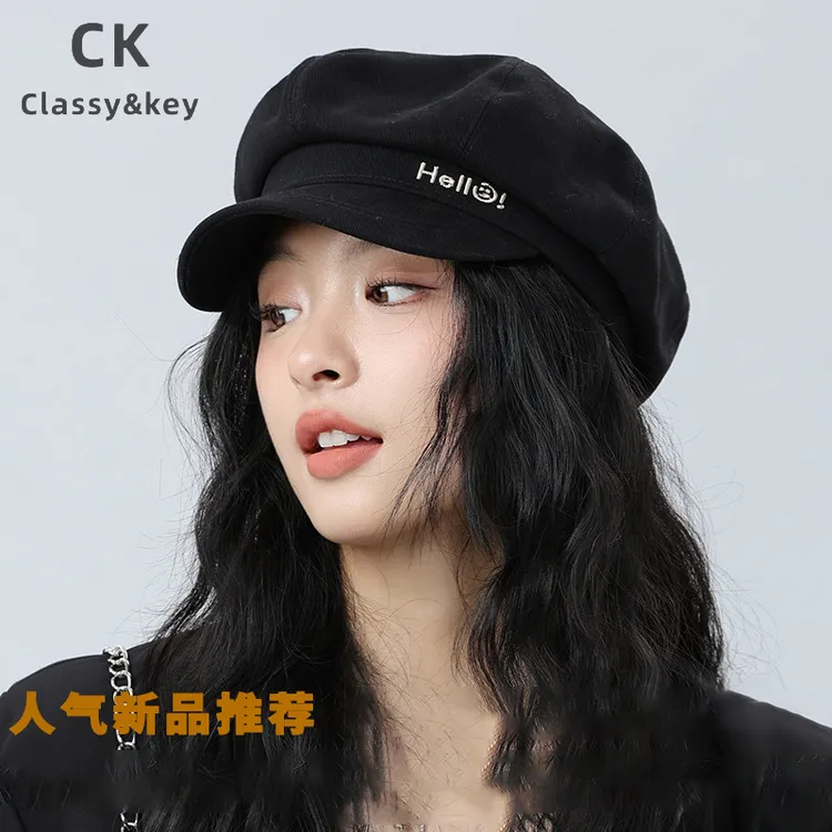 Classy key新加坡设计师联名款笑脸Hello刺绣八角帽复古贝雷帽子