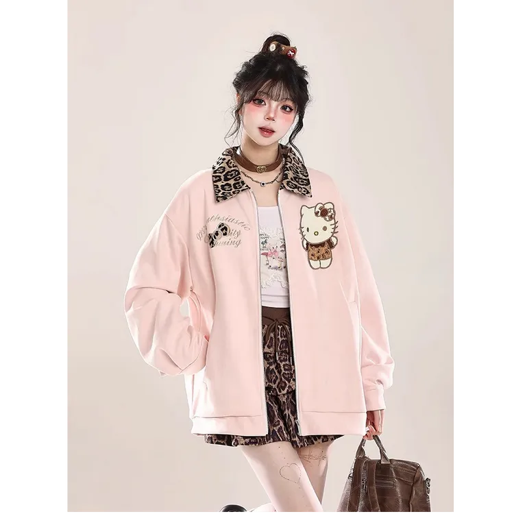 春季2025新款少女感凯蒂猫拼接翻领棒球服外套女刺绣宽松拉链夹克