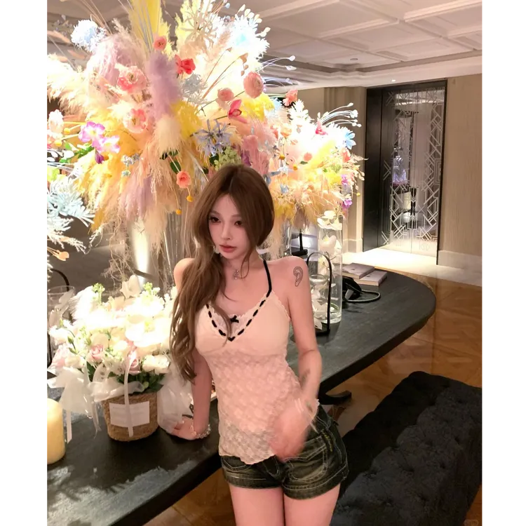 纯欲风辣妹蕾丝拼接蝴蝶结吊带2025夏季新款收腰无袖上衣配短裤