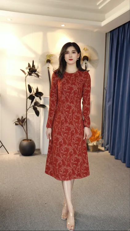 【玲姐专属】长袖圆领连衣裙显瘦3024时尚修身优雅气质秋冬