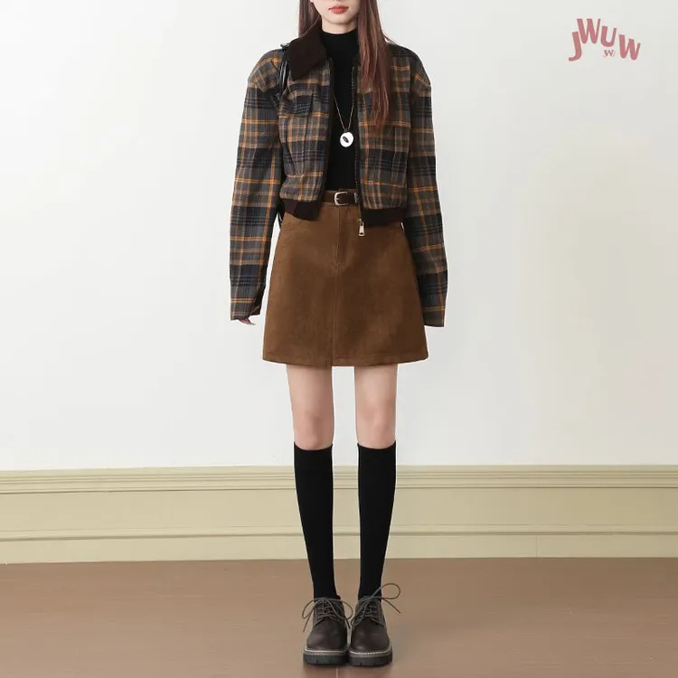 JWUW秋冬复古棕色高腰休闲半身裙女时尚百搭口袋显瘦a字包臀短裙