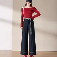 YANPING/燕苹新款秋季复古时尚显瘦高腰丝巾九分阔腿直筒裤K6068