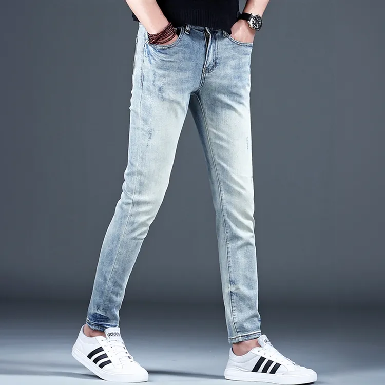 JJ高端秋季新款怀旧浅色牛仔裤男士修身小直筒百搭休闲潮流长裤