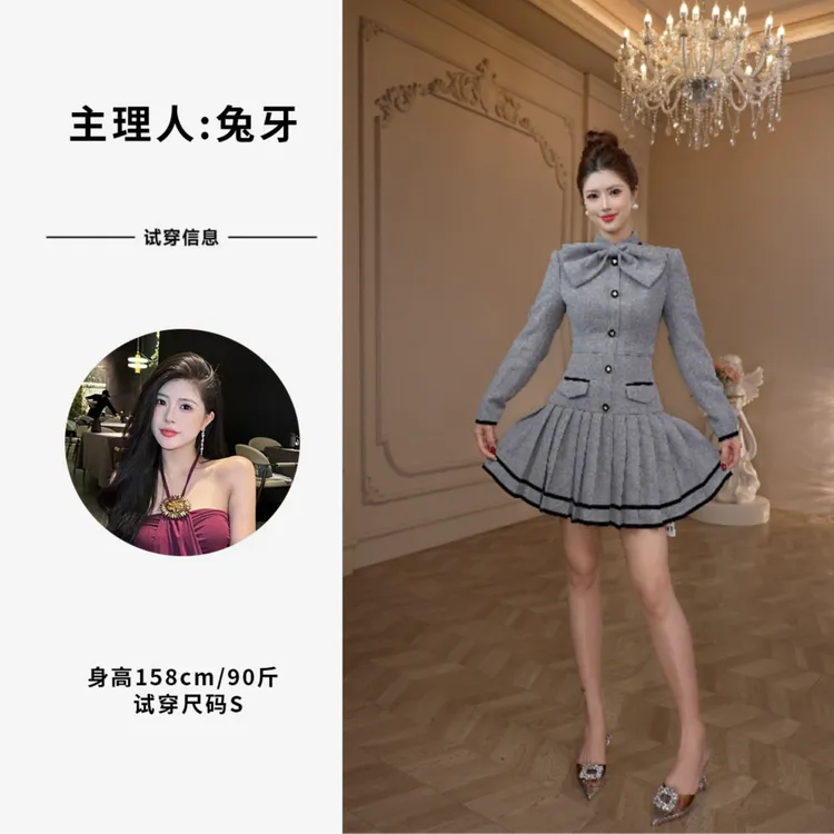 【原创】 蝴蝶结立领时尚连衣裙轻职风气质百褶裙小个子61328