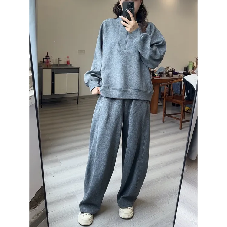 1546慵懒风灰色半拉链卫衣卫裤套装女装宽松显瘦休闲运动两件套潮