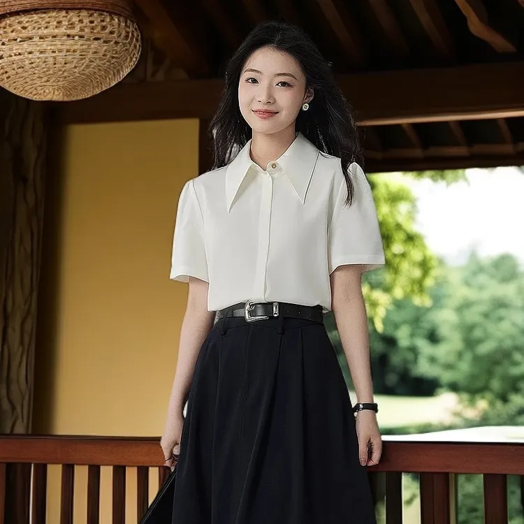 「早八/会议/约会三穿！尖领缎面半袖黑白两色衬衫，港风通勤不撞款」