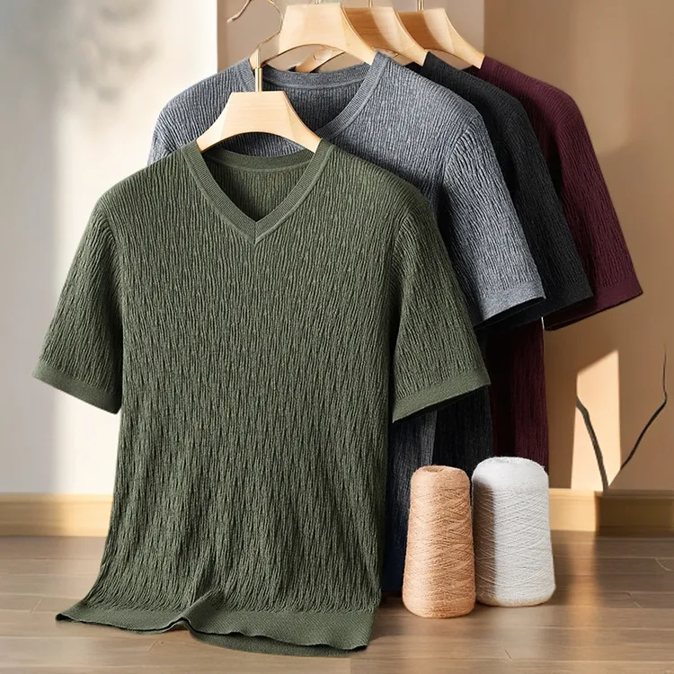 秋冬新款轻奢高端男士羊毛衫加肥加大码圆领时尚休闲针织短袖毛衣