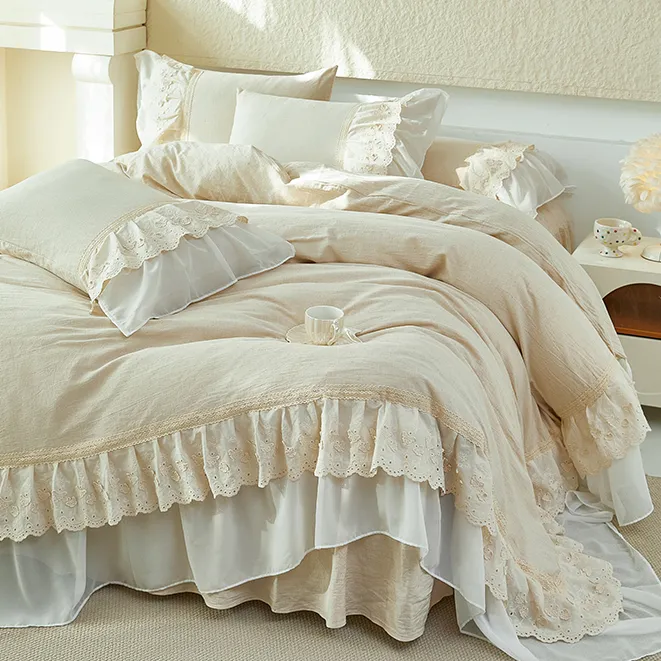 法式公主风全棉棉麻四件套亚麻镂空蕾丝花边被套少女心高级感床品