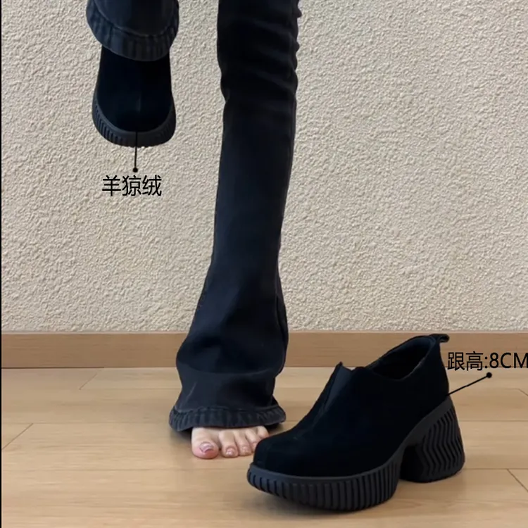 羊皮版复古加绒一脚蹬厚底小个子高跟真皮阔腿裤必备鞋深口单鞋