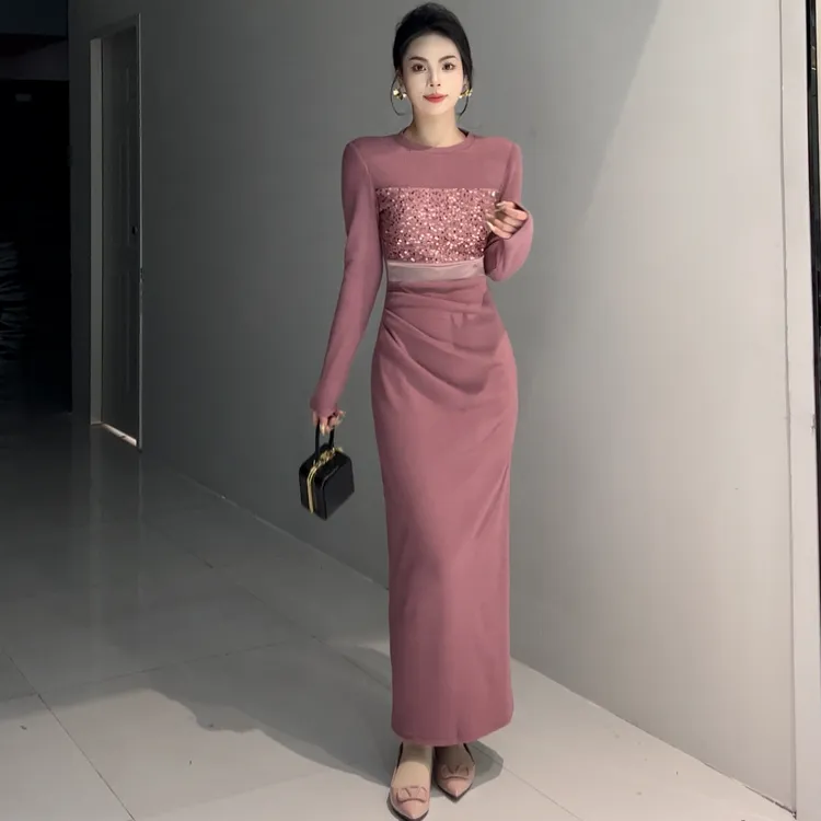 新款秋冬条绒拼接气质连衣裙长袖时尚优雅长裙后开叉修身直筒裙