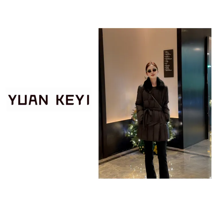 YUANKEYI“竹节”可拆卸羊毛领绗线中长款90白鹅绒服