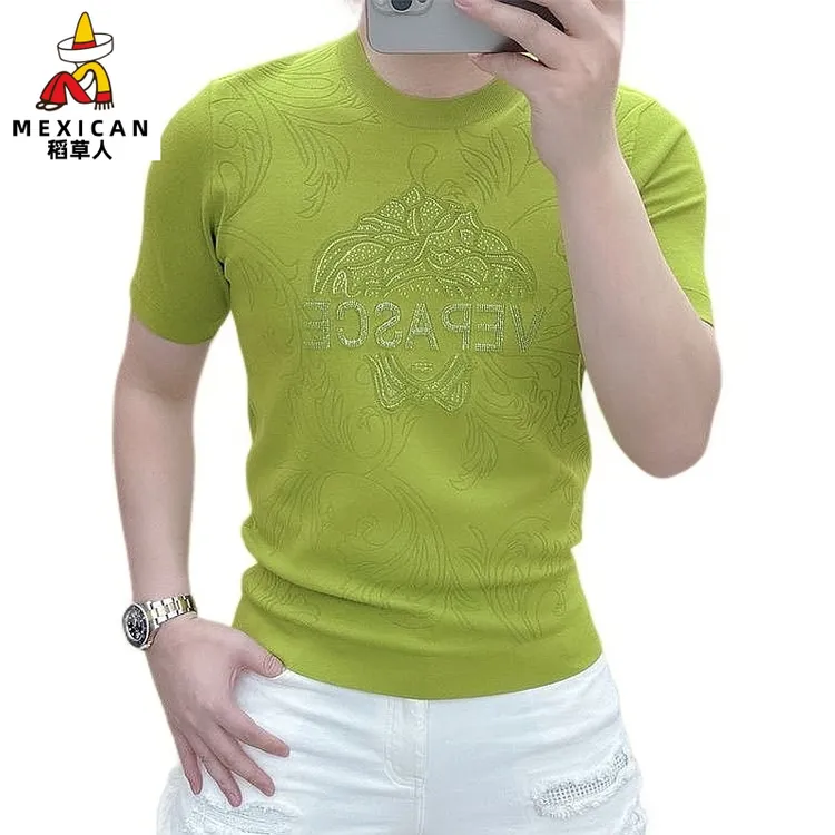 稻草人新款男装春夏高品质冰麻针织T恤时尚撞色圆领短袖潮流修身