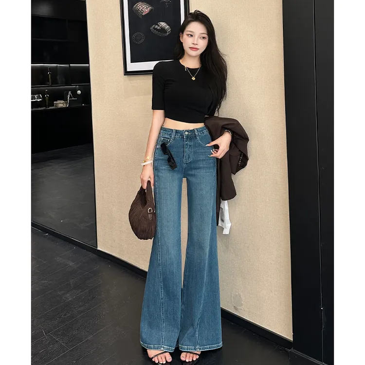 乔栈秋季爆款蓝色设计感时尚气质微喇牛仔裤女高腰显瘦宽松喇叭裤