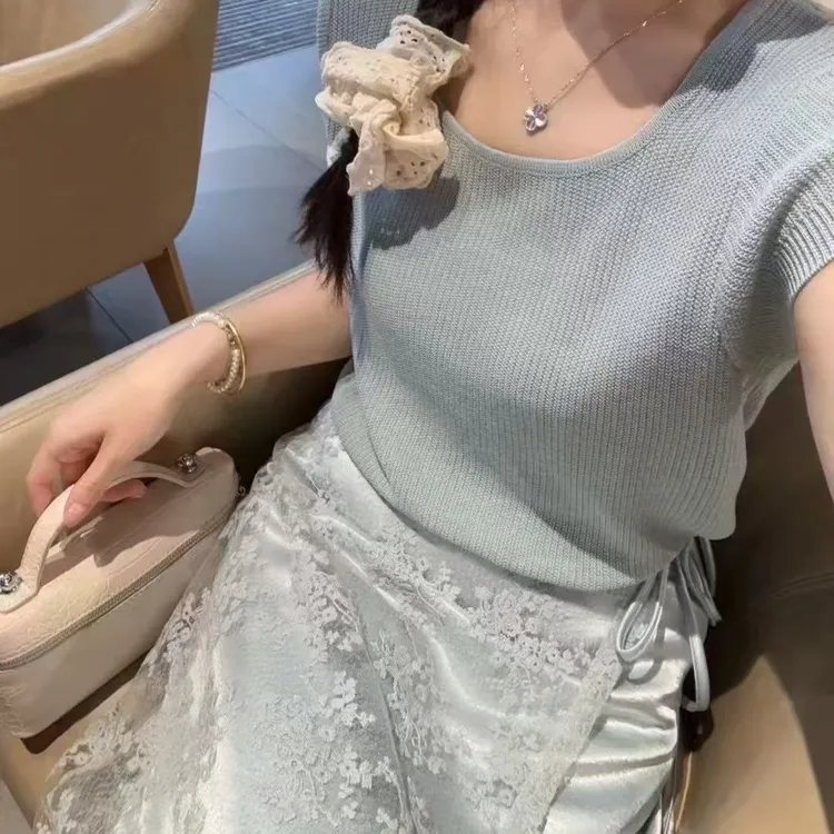 针织显瘦夏季T恤短袖方领INS风原宿风绑带蕾丝