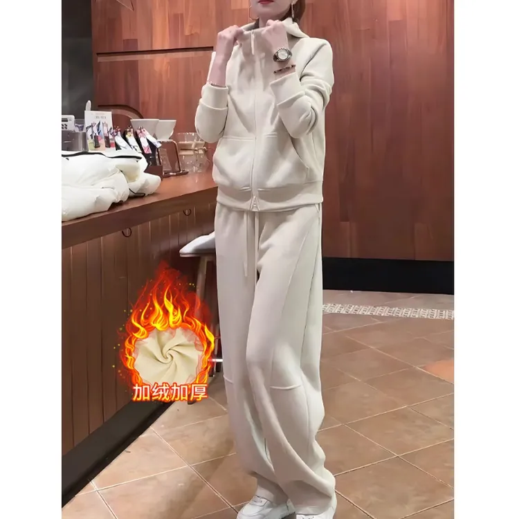 2025冬季款加绒加厚保暖时尚套装女连帽休闲卫衣阔腿裤两件套883