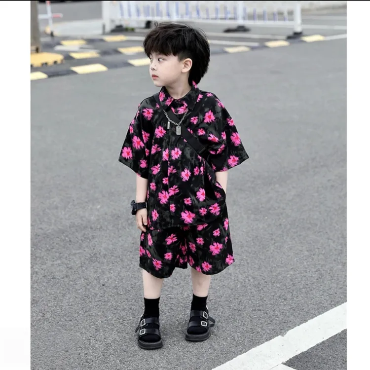 男童夏季短袖花衬衫2025新款宝宝帅气两件套中小童度假休闲衬衣潮