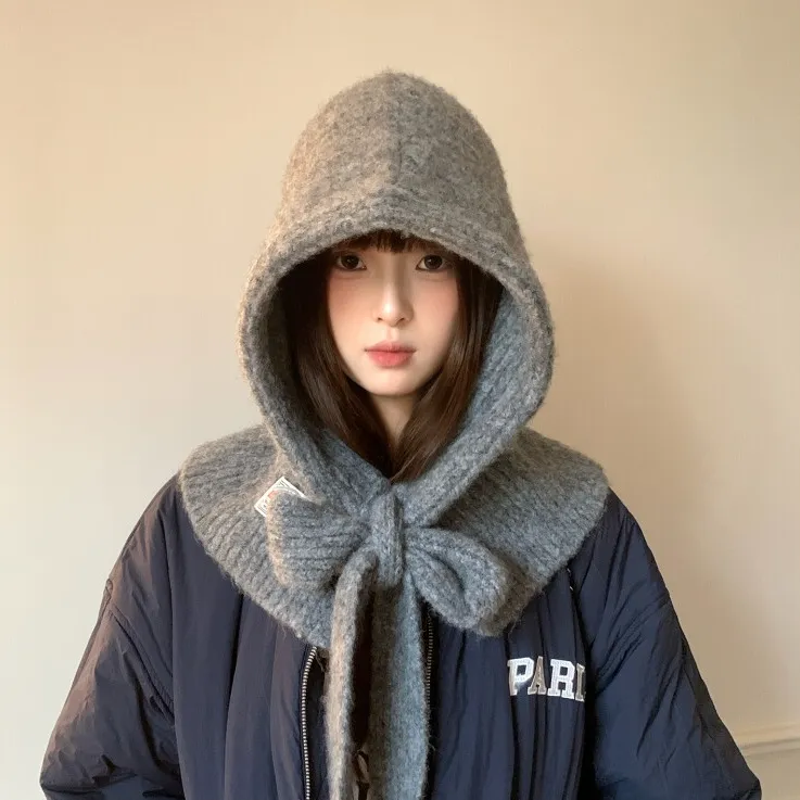 含羊毛灰色针织巴拉克拉法帽女秋冬季保暖毛线帽大头围护耳帽子潮