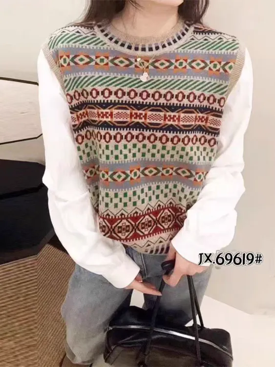 【黄静推荐】欧货2025春季新款民族风彩色拼接假两件毛衣