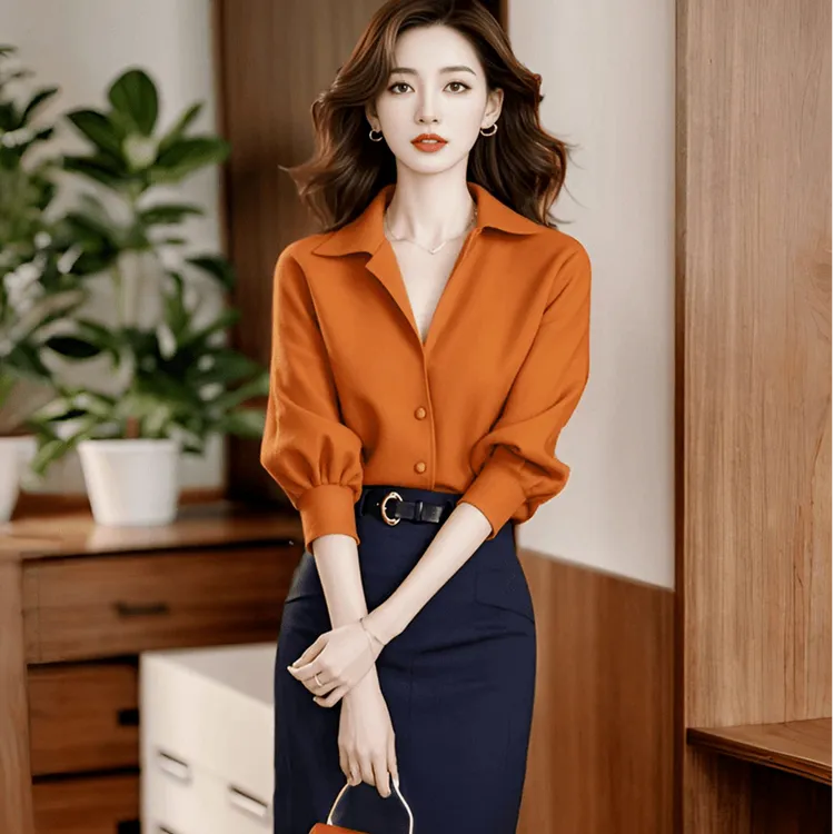 超火早秋一整套轻奢高级感大方得体贵气御姐风橘色衬衫两件套装裙