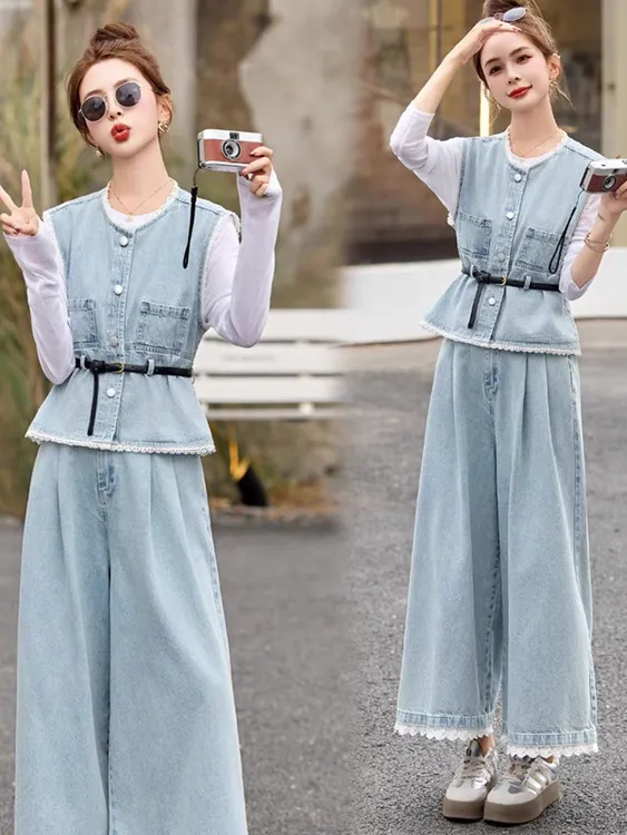 牛仔马甲阔腿裤套装女春装2025新款今年流行爆款高级感超火三件套